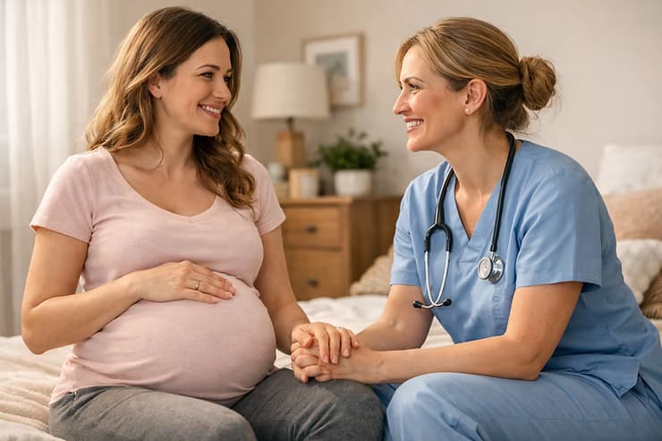 Porodní asistentka pečující o novorozence